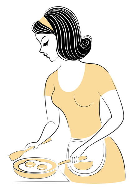 Profile of a beautiful lady. The girl is preparing food. Fry eggs on a stove in a frying pan. A delicious and healthy omelet. Vector illustration - Vector, Image