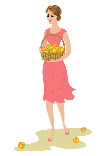 A sweet lady is carrying a basket of persimmon fruit. Ripe and sweet orange fruits. The girl is young, slim and beautiful. Vector illustration - Vector, Image