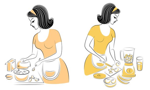 Sammlung. Profil einer schönen Frau. das Mädchen bereitet Essen zu. Eine Frau mixt Produkte für eine Torte und stellt aus einem Mixer frisches Obst her. Reihe von Vektorillustrationen - Vektor, Bild