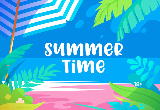 ヤシの木の葉、エキゾチックな熱帯植物、サンディビーチ、太陽の傘と海の景色と夏の時間活気に満ちたバナー。夏のレジャー、旅行、エンターテイメント漫画ベクトルイラストのためのプロモーションポスター - ベクター画像