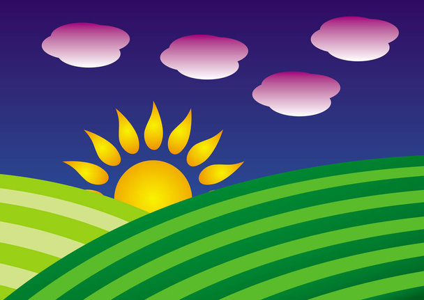 Символический мультяшный пейзаж. Два зеленых холма и восходящее солнце на фоне голубого неба. Векторная графика
. - Вектор,изображение