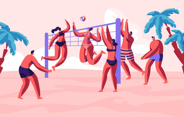 Gruppe junger Leute, die am Meer Beachvolleyball spielen. männliche, weibliche Charaktere sportliche Aktivität in exotischen tropischen Ort im Sommer Urlaub Freizeit, Erholung Cartoon flache Vektor Illustration - Vektor, Bild