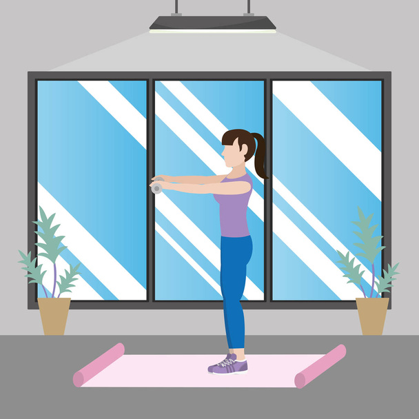 підходить жінка робить вправи в спортзалі мультфільм Векторні ілюстрації графічний дизайн
 - Вектор, зображення