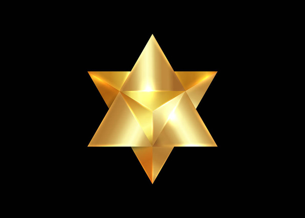 Sacred geometry. 3D gold Merkaba thin line geometric triangle shape. esoteric or spiritual symbol. isolated on black background. Star tetrahedron icon. Light spirit body, wicca esoteric divination - Vector, Image