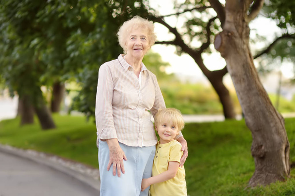 Kaunis mummo ja hänen pieni lapsenlapsensa kävelevät yhdessä puistossa
. - Valokuva, kuva