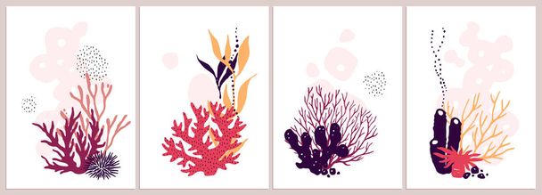 Reihe von isolierten bunten Korallen Kompositionen auf weißem Hintergrund. - Vektor, Bild