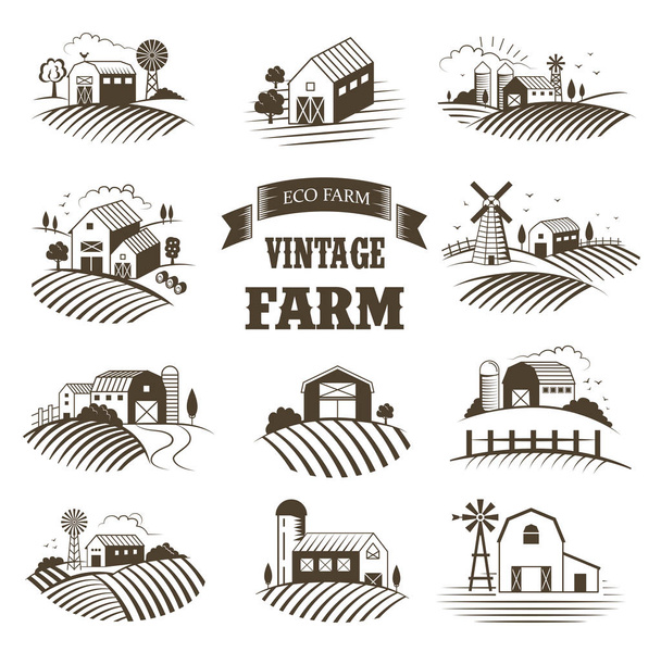 İzole Vintage Eko çiftlikleri, manzara, doğal çiftlik ürünleri için Etiketler ayarlayın. Farm House kavramı koleksiyonu. Retro gravür tarzı vektör illüstrasyon. - Vektör, Görsel