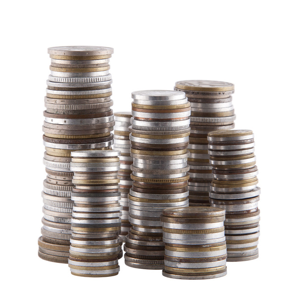 Stacks of various coins with clipping path - Foto, Imagen
