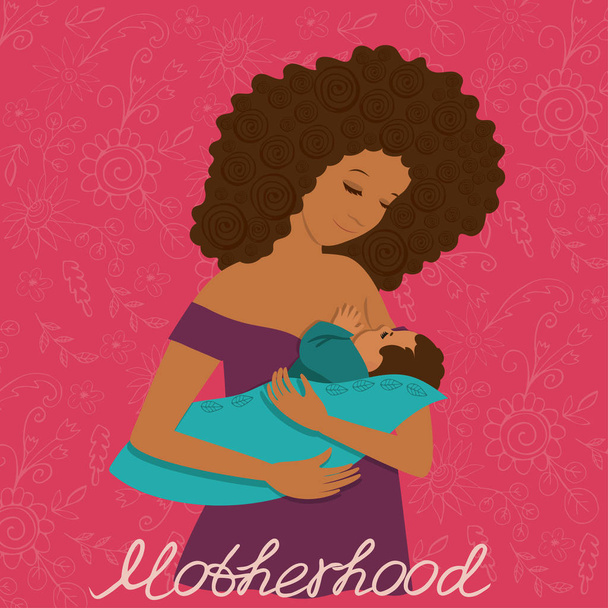 赤ちゃんを授乳している若い母親のイラスト。母性とはがき。ベクトルイラスト。医療ポスター、デザインポストカード、バナー、チラシなど. - ベクター画像