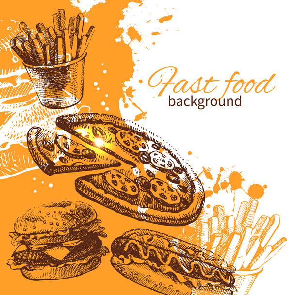 Vintage fast food background. Hand drawn illustration - Vector, Image
