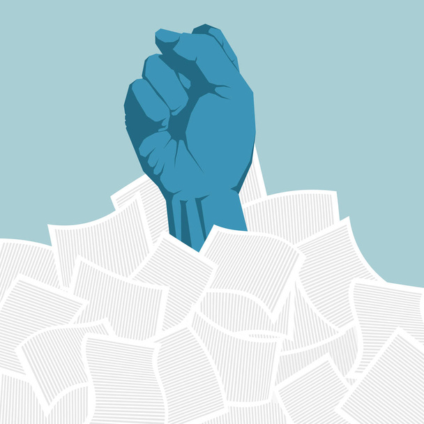The fist broke through the pile of documents. Isolated on blue background. - Vector, Image