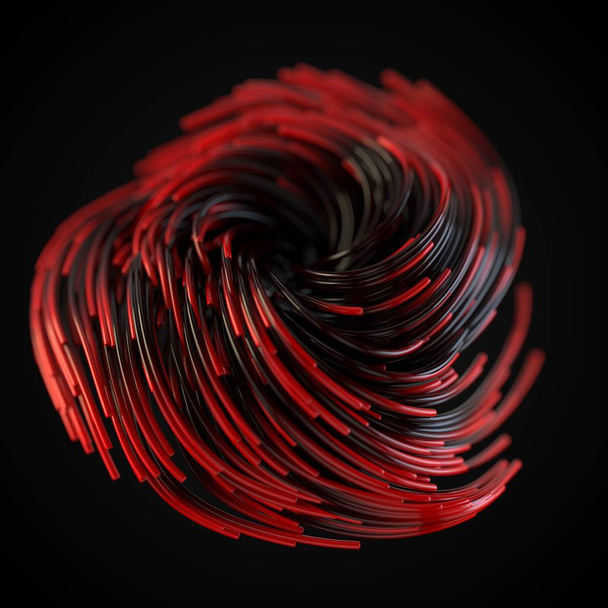 赤い糸が成長し、空気中にねじれる。黒い背景を持つ3Dイラスト - 写真・画像