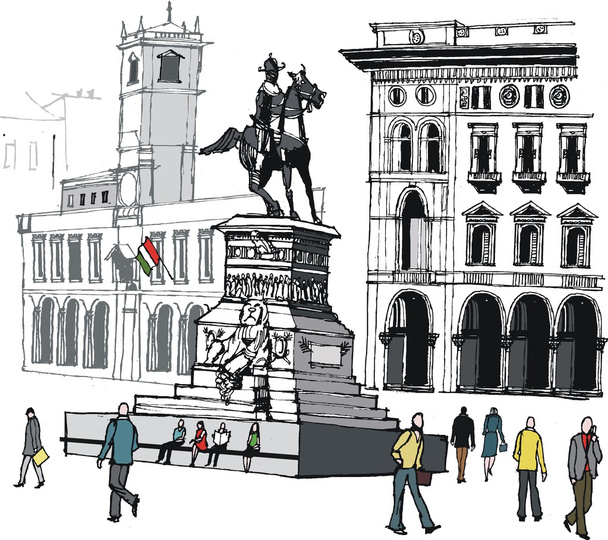 Illustration vectorielle de la place principale et des piétons, Milan, Italie
. - Vecteur, image