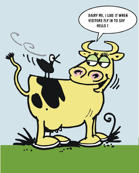 Векторная карикатура на корову с птицей
 - Вектор,изображение