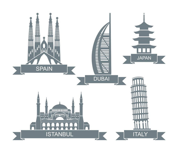 World architectural attractions. Stylized flat icons. Landmarks In Spain, Italy, Dubai, Japan, Turkey - Vector, Image