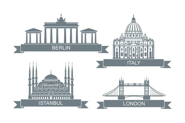 Всемирные архитектурные достопримечательности. Стилизованные плоские иконки. Достопримечательности Рима, Лондона, Стамбула и Берлина
 - Вектор,изображение