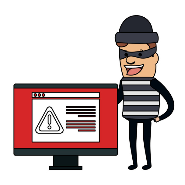 bilgisayar uyarısı avatar karakteri ile hırsız kötü - Vektör, Görsel