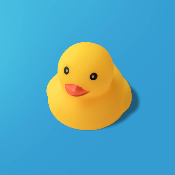 Yellow rubber duck on blue background Modern style. creative photography. - Photo, Image