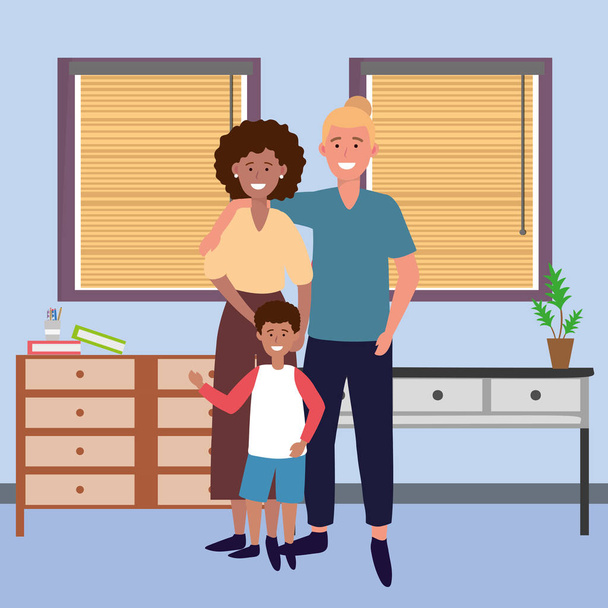 pareja con niño personaje de dibujos animados avatar interior en la casa vector ilustración diseño gráfico
 - Vector, Imagen