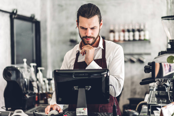 Portrait of handsome bearded barista man small business owner wo - Foto, Imagem