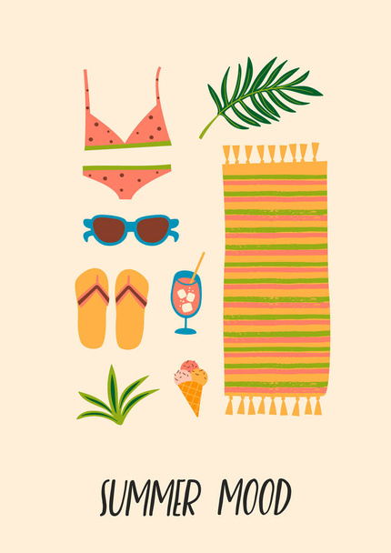 Векторні ілюстрації літніх пляжних аксесуарів. Елемент дизайну
 - Вектор, зображення