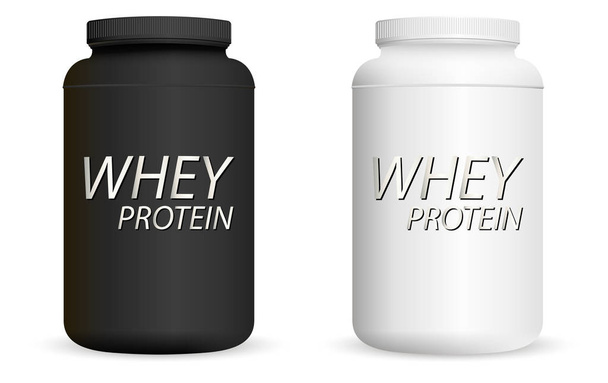 Whey protein black and white bottles set. Sports nutrition jar mockup ready for your design. Realistic vector illustration. - ベクター画像