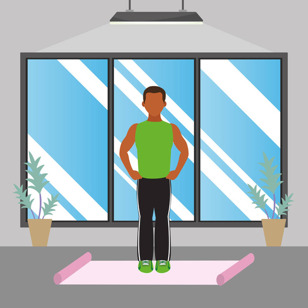 фитнес-мужчина делает упражнения над ковриком в тренажерном зале
 - Вектор,изображение