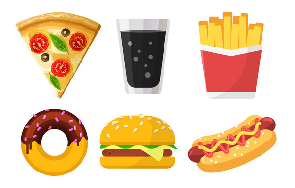 Conjunto de ícones coloridos de fast food para sites e aplicativos, pizza, refrigerante, batatas fritas, donut, hambúrguer, Hot Dog isolado em fundo branco, junk food, ilustração vetorial em estilo plano
. - Vetor, Imagem