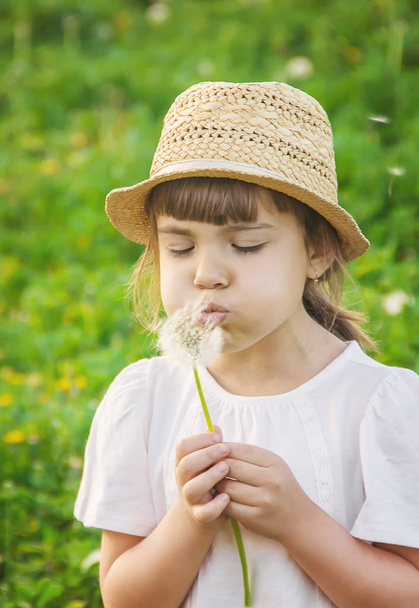 girl blowing dandelions in the air. selective focus. - Photo, Image