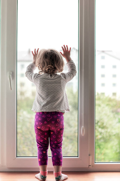 little girl sitting on the windowsill with a toy in their hands - Photo, image