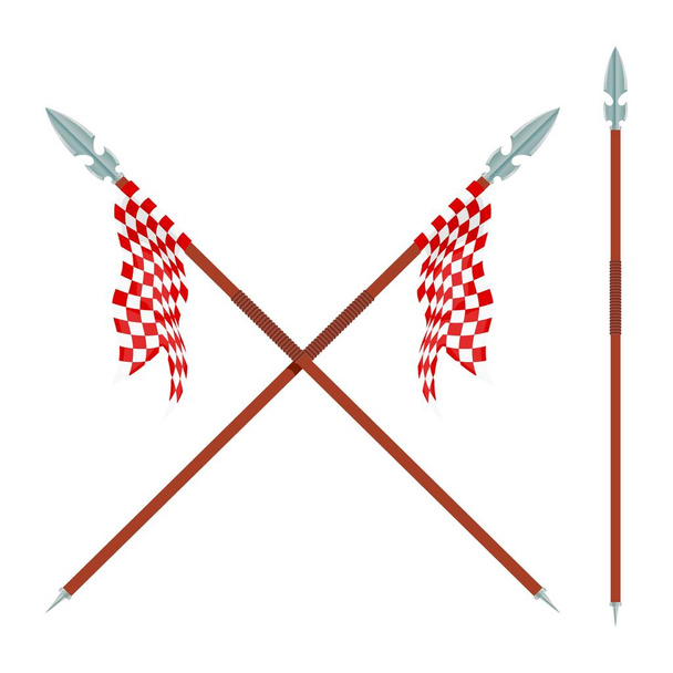 zwei Speere mit roter Fahne auf weißem Grund. Vektorillustration eines Wappenzeichens - gekreuzte Speere und Fahne. Zeichentrickvektorillustration - Vektor, Bild