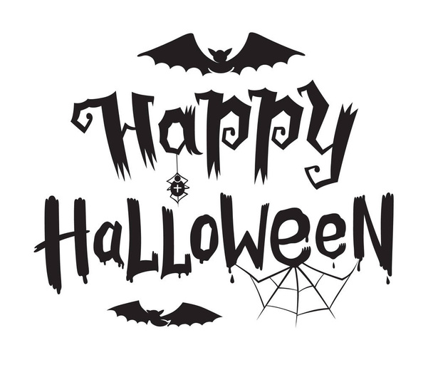 Happy Halloween emblem or logo badge hand drawn calligraphy. Black vector lettering design for banners poster or t-shirt on a white background. Typographic symbol with bats and spider - Vektor, obrázek