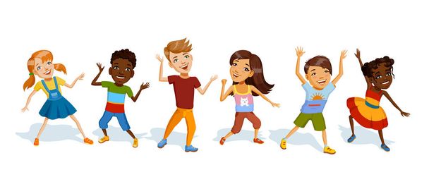 Playing little kids set. Llittle cheerful boys and girls different races and ethnic groups in bright clothes. Children laughs dance and plays an active game. Colorful illustration for Children's Day - Vector, Image