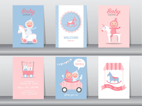 Set Babydusche Einladungskarten, Geburtstagskarten, Poster, Vorlage, Grußkarten, niedlich, Kinder, Spielzeug, Tier, Schaukelpferd, Vektorillustrationen - Vektor, Bild