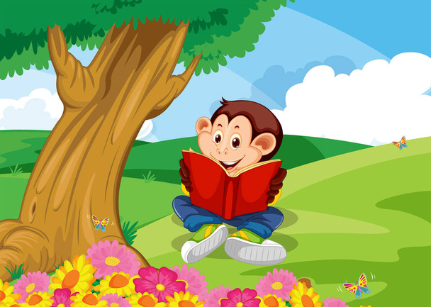 Monkey reading book in garden - Vector, Image