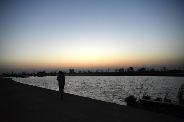 Sylwetka Man and Baby w: Lake on the Sunset at Al Qudra Love l - Zdjęcie, obraz
