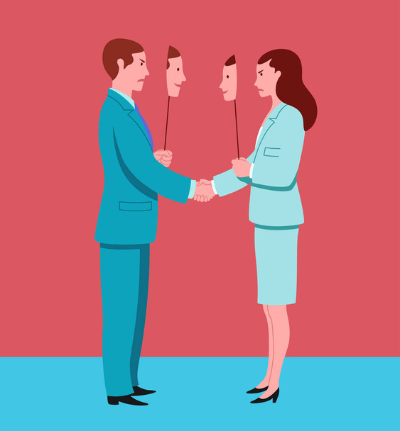 Homme d'affaires et femme serrant la main font semblant d'être d'accord et cachent l'hostilité mutuelle. Illustration conceptuelle représentant l'insincérité sur le lieu de travail
 - Vecteur, image