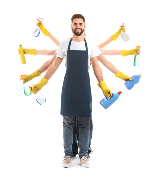 Cleaning service workers on white background - Photo, Image
