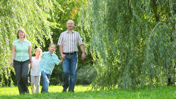 gelukkige familie van vier personen wandelingen in het park achter boom naar camera - Video