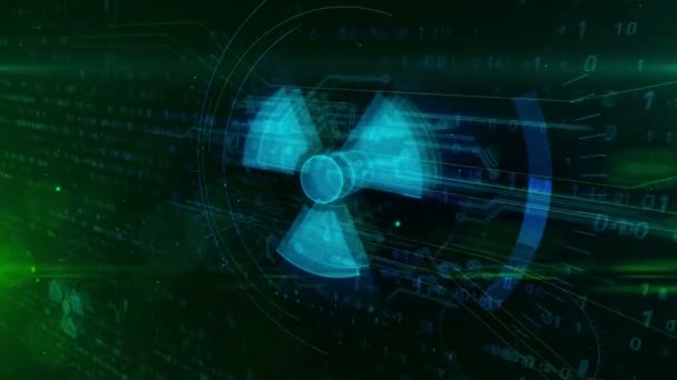 Dinamik fütüristik arka planda nükleer uyarı sembolü hologram intro. Nükleer güç, bilim, enerji, radyoaktif tehlike ve kibe savaşının modern ve fütüristik kavramı. - Video, Çekim