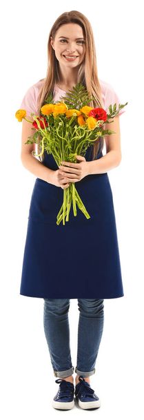 Female florist with bouquet on white background - Foto, immagini
