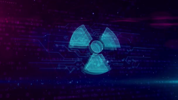 Nucleair waarschuwingssymbool hologram intro over dynamische futuristische achtergrond. Modern en futuristisch concept van kernenergie, energie, stralingsgevaar en cybe-oorlog. Naadloze en loop bare 3D-animatie. - Video