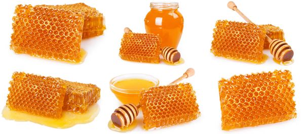 蜂蜜とハニカムが白い背景に - 写真・画像