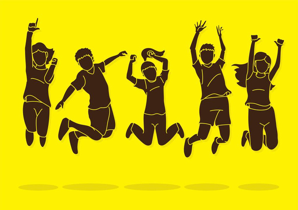 Grupa dzieci skoki, Happy Feel dobry kreskówka graficzny wektor. - Wektor, obraz