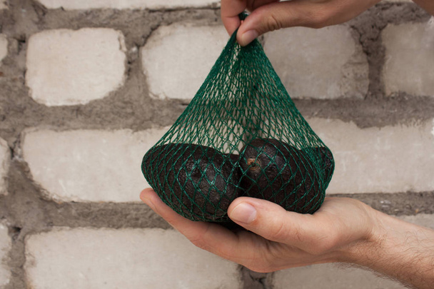Φρέσκα οργανικά Χας αβοκάντο σε μια πράσινη σακούλα string σε αρσενικά χέρια σε ένα φόντο τοίχου τούβλο, υγιεινό φαγητό, αντίγραφο χώρου. - Φωτογραφία, εικόνα