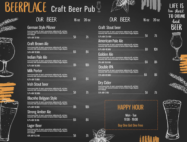 Beer menu template for pub or brewery with hand drawn elements - Vektor, obrázek