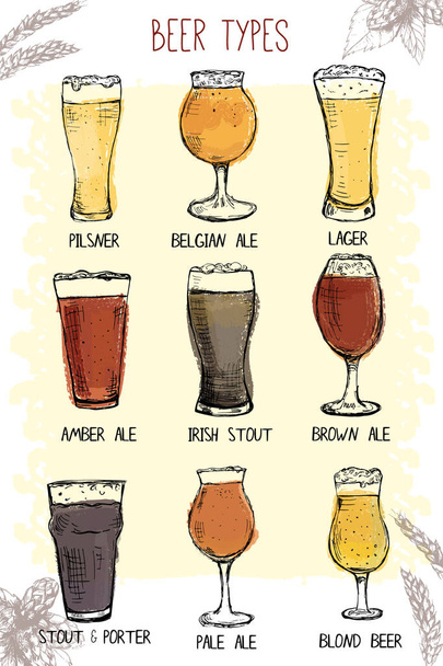 Set of hand drawn beer glasses types - Vektor, obrázek