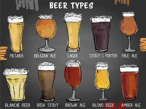Hand drawn det of different types of glasses for beer on the blackboard background - ベクター画像