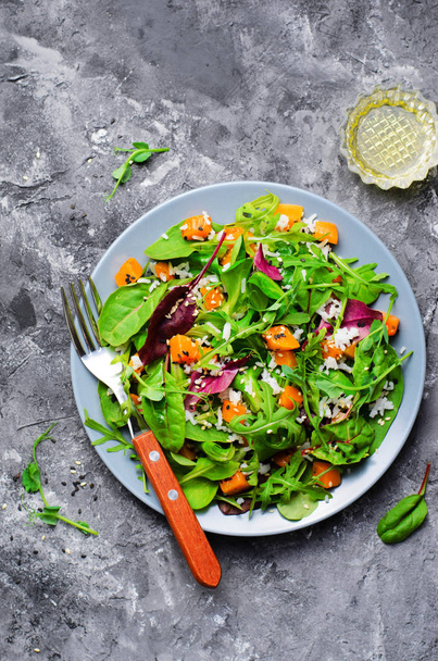 Roasted Pumpkin Healthy Vegetarian Salad, Butternut Squash, Rice and Sesame Seeds Salad - Photo, Image