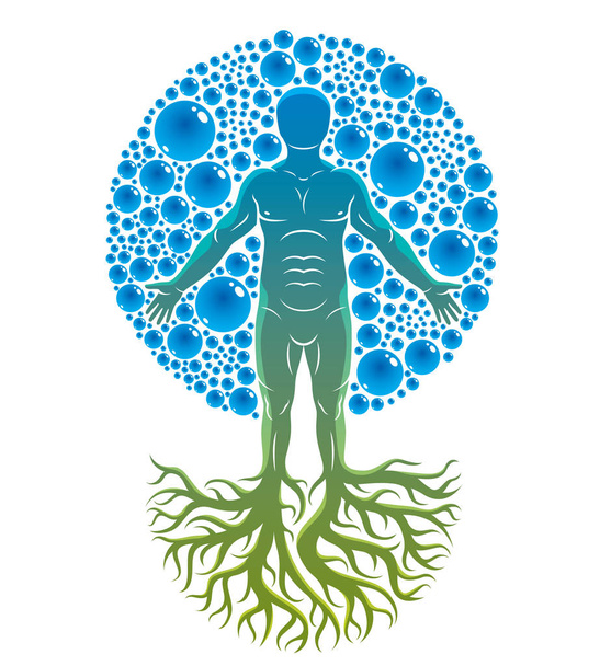 Векторная иллюстрация атлетического человека, сделанная с корнями деревьев и окруженная пузырьками воды, элементом воды. Метафора сохранения окружающей среды
.  - Вектор,изображение